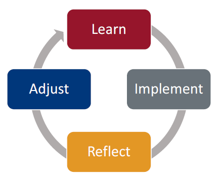 Circular flowchart with the values Learn Implement Reflect Adjust